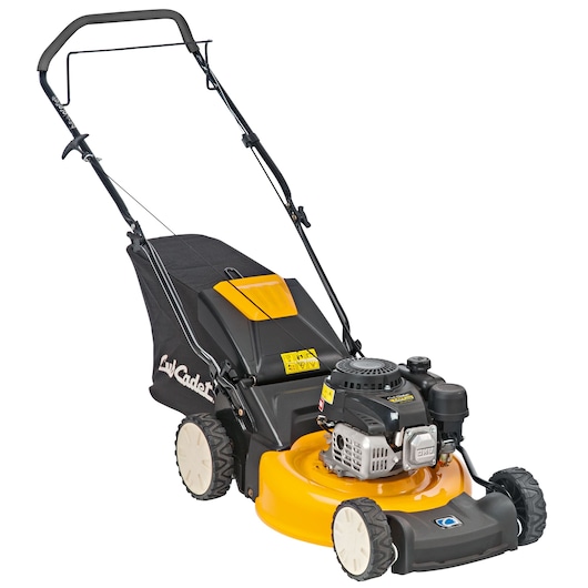 CubCadet 11C-TQMG603 gas-powered lawn mower, yellow and black, front angle on white background.