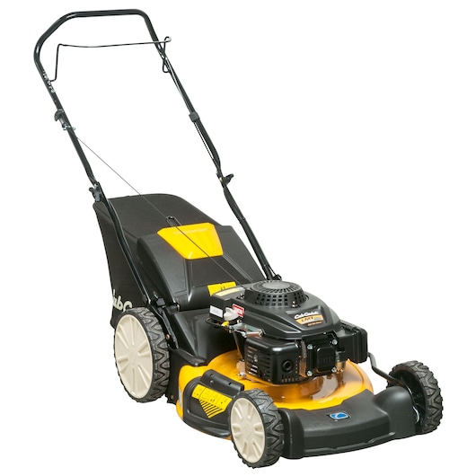 CubCadet 11E-PTKC603 walk-behind lawn mower, side view on white background, yellow and black design with grass bag.