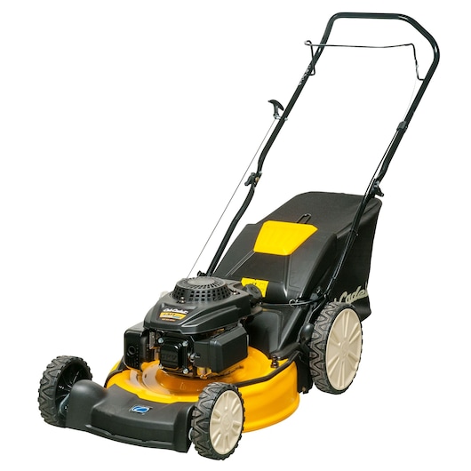 CubCadet 11E-PTKC603 walk-behind lawn mower, yellow and black, side angle on white background.