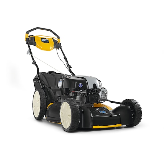 CubCadet 12ABPV9B603 lawn mower, front left angle, with yellow and black design and large rear wheels.