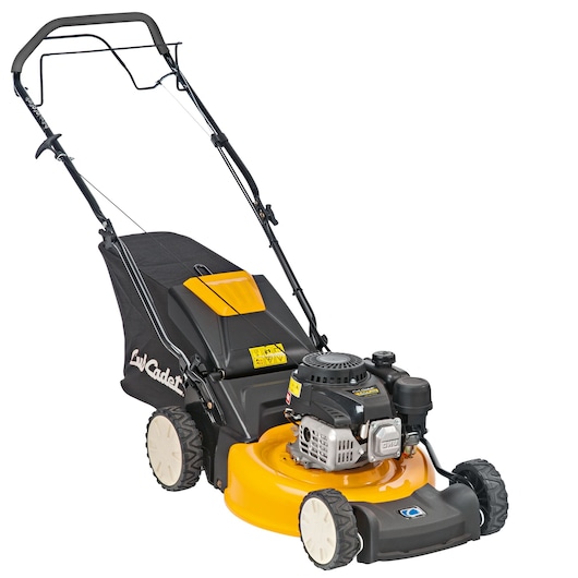 CubCadet 12C-TQMG603 lawn mower front angle, yellow and black body with grass collection bag.
