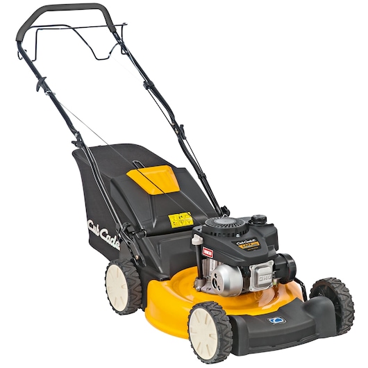 CubCadet 12D-PQSC603 walk-behind lawn mower, side angle, yellow and black design, grass catcher attached.