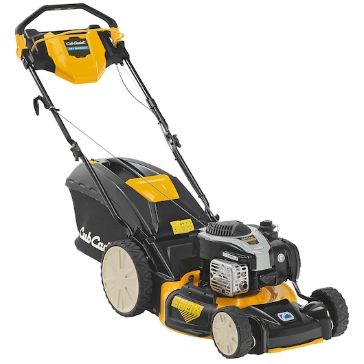 CubCadet 12DBTVSC603 walk-behind lawn mower, yellow and black, side angle on white background.