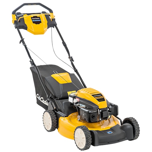 CubCadet 12EBPQKC603 walk-behind lawn mower, yellow and black, side angle on white background.