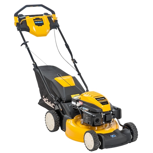CubCadet 12EBTQKC603 gas-powered walk-behind lawn mower, side angle, yellow and black with grass bag.