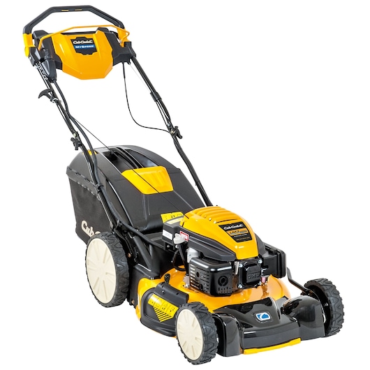 CubCadet 12ECPVS7603 walk-behind lawn mower, yellow and black, front angle, with grass bag.