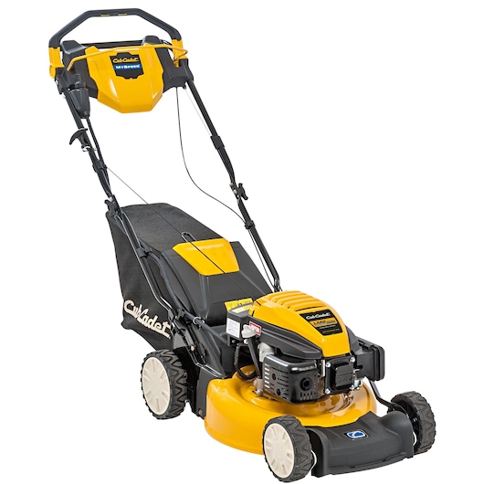 CubCadet 12ECTQS7603 walk-behind lawn mower, yellow and black, side angle on white background.