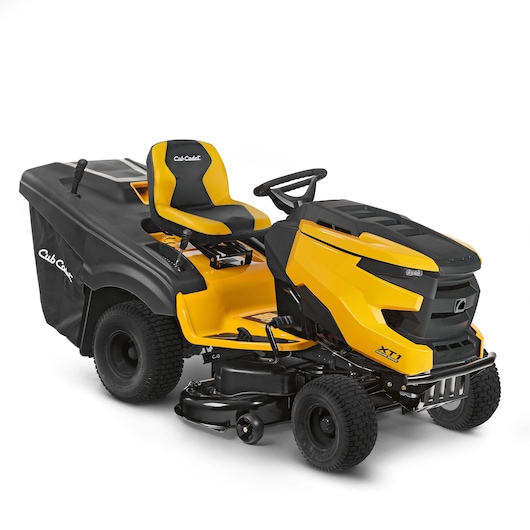 CubCadet 13A8A1TB603 ride-on lawn mower with grass collector, yellow and black, side angle on white background.