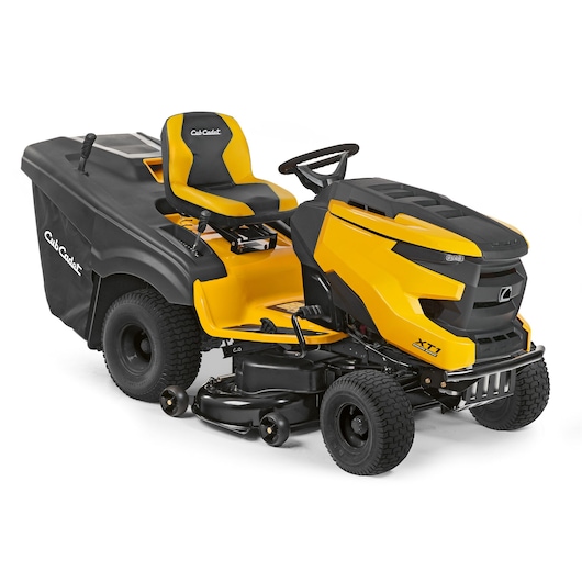CubCadet 13A8A1TR603 yellow and black ride-on lawn mower with rear grass collector, side angle on white background.