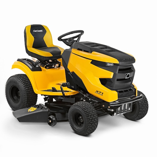 CubCadet 13A8A1TS603 riding lawn mower, yellow and black, front side angle on white background.