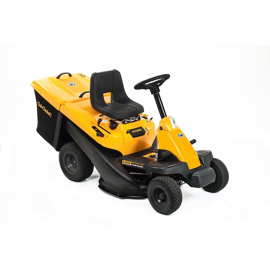 CubCadet 13AB21HD603 yellow ride-on lawn mower, side angle, black seat and steering wheel.