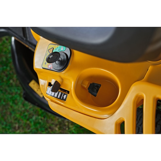 CubCadet 13AB21HD603 lawn tractor control panel close-up showing ignition and controls.