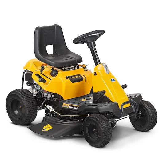 Photo of CubCadet 13AB21JD603 riding lawn mower in yellow, side angle on white background.