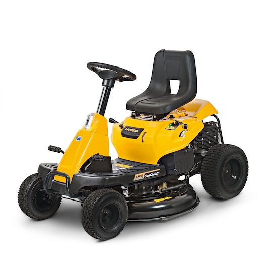 CubCadet 13AB21JD603 yellow riding lawn mower front side view on white background.
