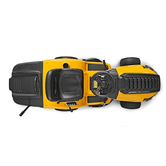 CubCadet LT2-NR92 SKU 13AB71BE603 lawn tractor, top view, yellow and black design, visible seat and steering wheel.