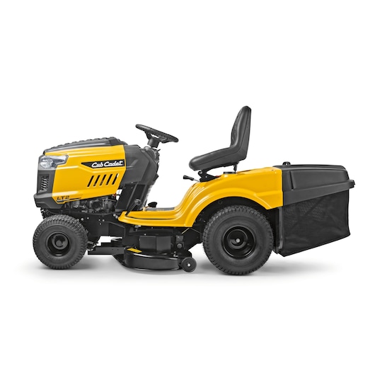 CubCadet LT2-NR92 13AB71BE603 yellow ride-on lawn mower side view with grass bag attachment.
