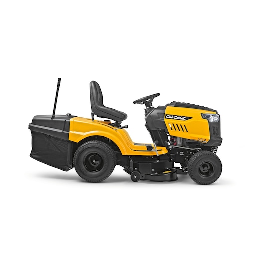 CubCadet 13AB71BE603 LT2-NR92 ride-on lawn mower side view, yellow and black body with grass collector attachment.