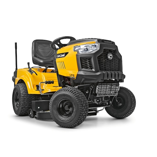 Photo of CubCadet LT2-NR92 13AB71BE603 yellow ride-on lawn mower, front left angle, black seat and trim.