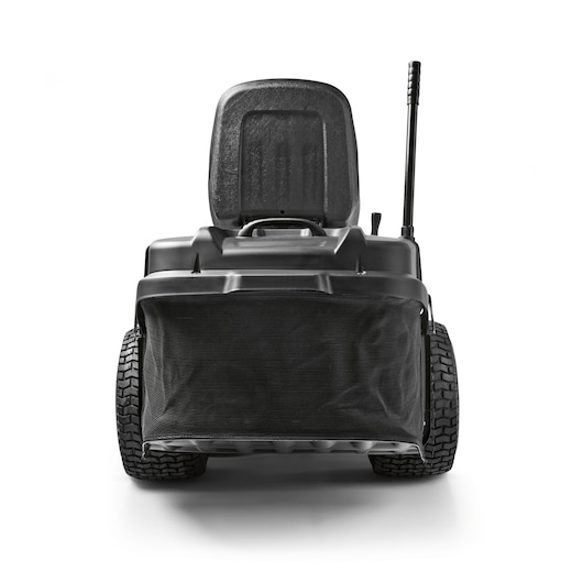 CubCadet LT2-NR92 lawn tractor rear view, SKU 13AB71BE603, black seat and grass collection bag, white background.