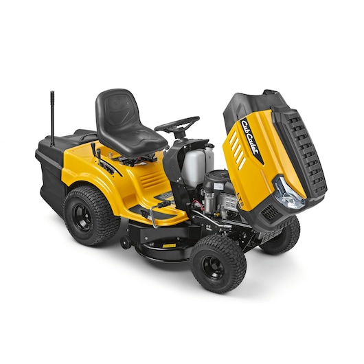 CubCadet LT2-NR92 riding lawn mower, yellow and black, front angle with hood open showing engine. SKU 13AB71BE603.