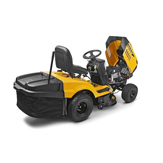 Photo of CubCadet LT2-NR92 13AB71BE603 ride-on lawn mower, yellow and black, rear side angle on white background.