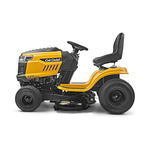 Photo of CubCadet 13AB78BY603 yellow riding lawn mower, side angle, black seat, white background.