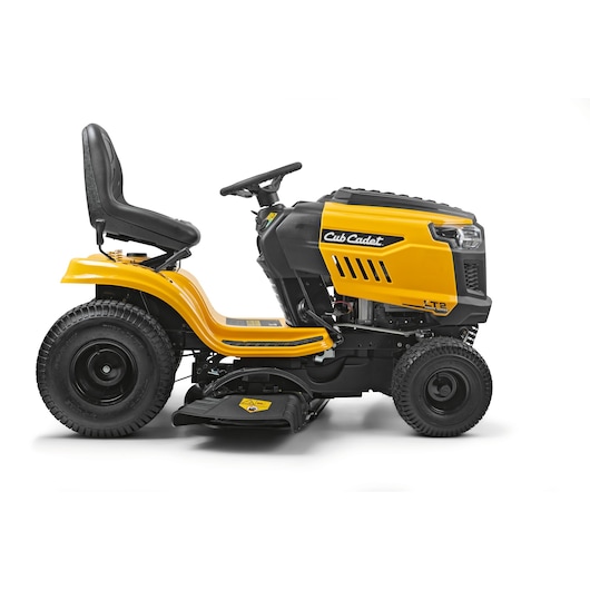 CubCadet 13AB78BY603 lawn tractor, yellow and black, side angle on white background.