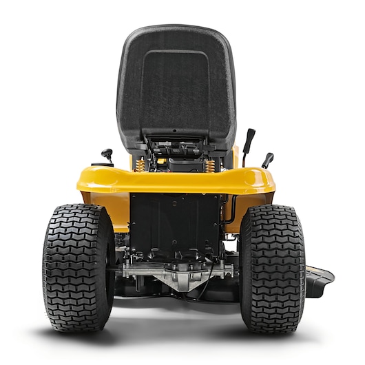 CubCadet 13AB78BY603 lawn tractor rear angle, yellow body, black seat, large treaded tires.