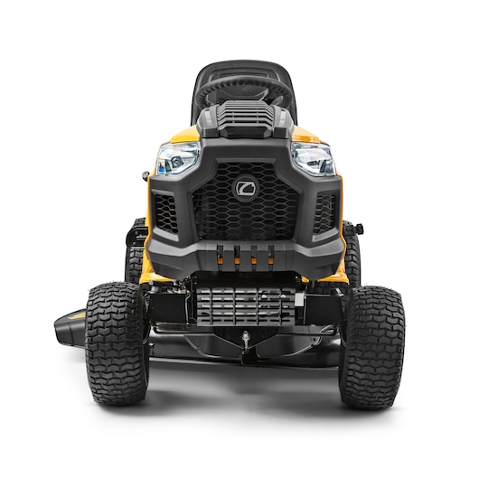 CubCadet 13AB78BY603 riding lawn mower, front view, yellow and black on white background.