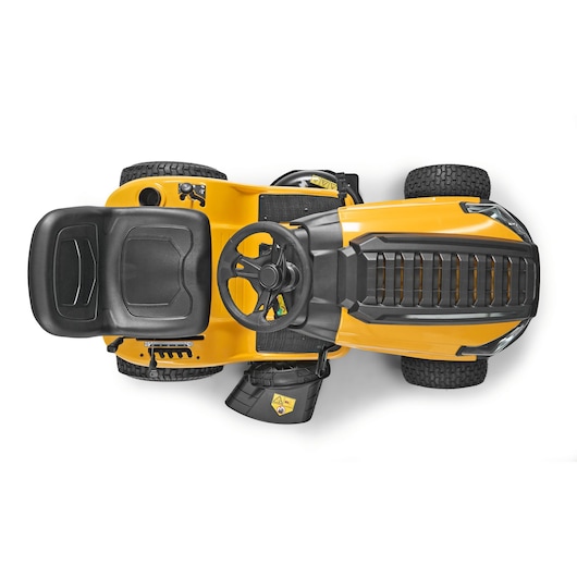 CubCadet 13AB78BY603 lawn tractor top view, yellow and black, photography on white background.