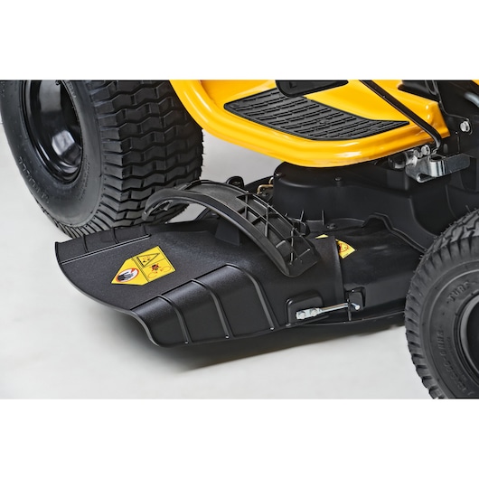 CubCadet 13AB78BY603 LT2-NS92 lawn tractor deck close-up, black and yellow, side angle, safety labels.