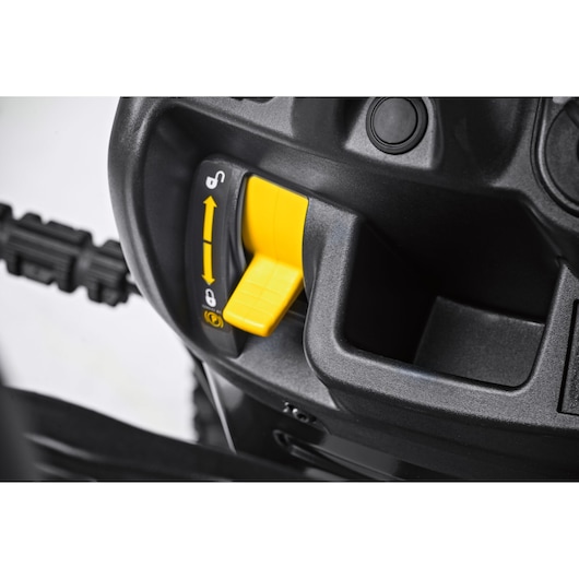 CubCadet 13AB78BY603 LT2-NS92 yellow lever close-up on black ride-on mower control panel, front angle.