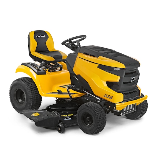 CubCadet 13AFA1TN603 riding lawn mower, yellow and black, side angle, on white background.