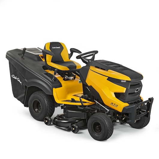 CubCadet 13AFA5TR603 yellow riding lawn mower, side angle, with black bag and detailed seat.
