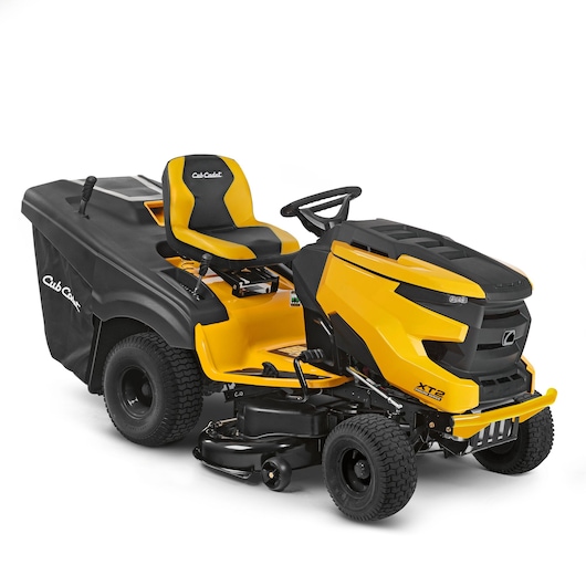 CubCadet 13AGA1TB603 riding lawn mower, yellow and black, side angle, with rear grass bag.