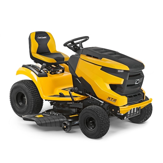 CubCadet 13AGA1TS603 yellow and black riding lawn mower, photography, side angle on white background.