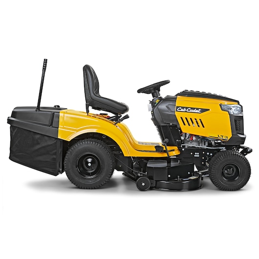 CubCadet LT3-PR105 yellow and black lawn tractor with rear grass catcher, side profile, SKU 13AJ71BN603.