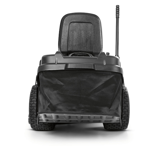 CubCadet 13AJ71BN603 LT3-PR105 rear view lawn tractor with black mesh grass bag, photography on white.