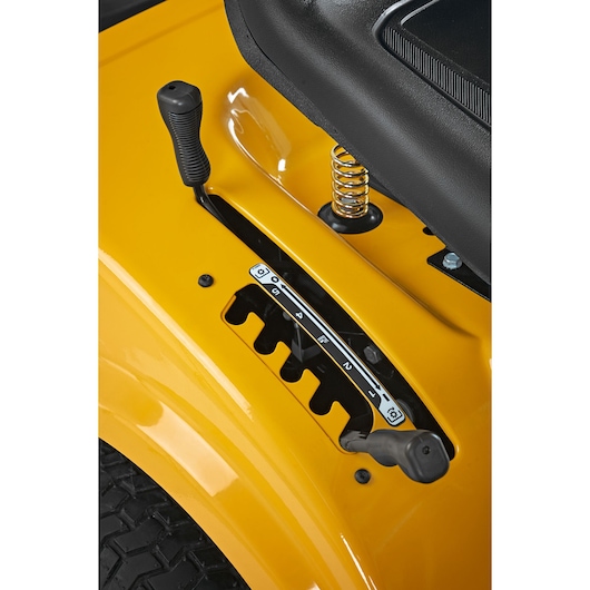 CubCadet LT3-PR105 13AJ71BN603 lawn tractor gear shift lever close-up on yellow body.