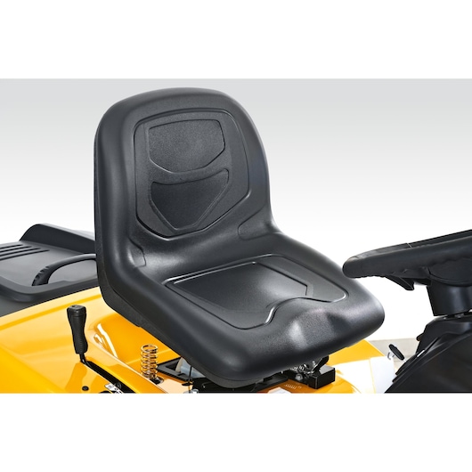 CubCadet LT3-PR105 SKU 13AJ71BN603 lawn tractor seat, black molded plastic, side angle, white background.