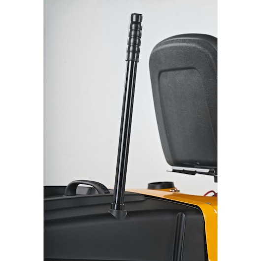 CubCadet LT3-PR105 13AJ71BN603 lawn tractor gear lever close-up, black handle and seat, side angle.