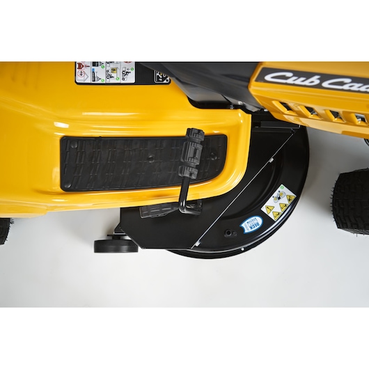 CubCadet 13AJ71BN603 LT3-PR105 lawn tractor close-up side angle showing yellow deck and black pedal.