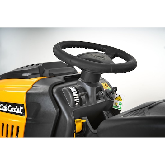 CubCadet LT3-PR105 13AJ71BN603 steering wheel and control panel, close-up, yellow and black finish.