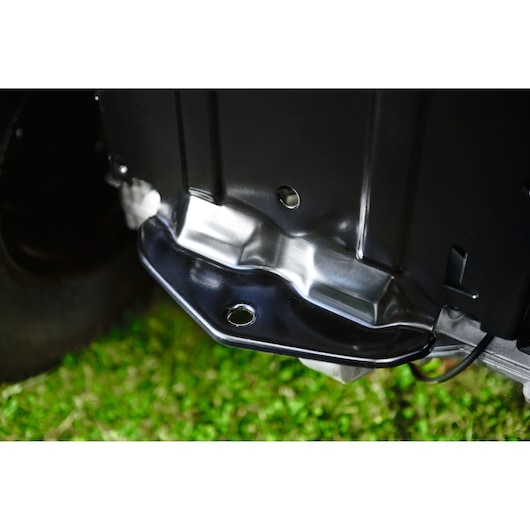 CubCadet 13AJ71BN603 LT3-PR105 lawn tractor deck close-up, black and silver metal with mounting holes.