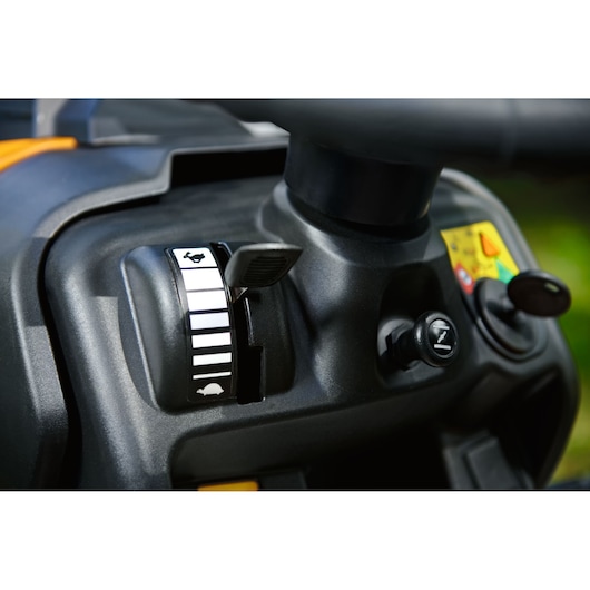 CubCadet LT3-PR105 SKU 13AJ71BN603 mower control panel close-up, showing throttle and ignition.