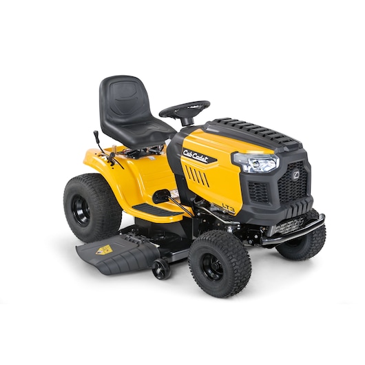 CubCadet 13AJ78BS603 lawn tractor, yellow and black, side angle on white background.
