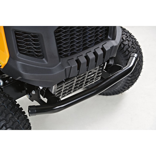 CubCadet 13AY78BS603 LT3-PS107 lawn tractor front grill and bumper, close-up angle, black and yellow details.