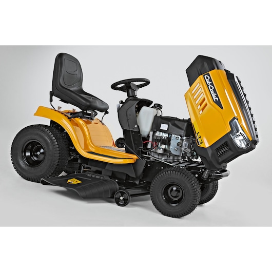 CubCadet LT3-PS107 SKU 13AY78BS603 ride-on mower side view, opened hood, yellow and black finish.