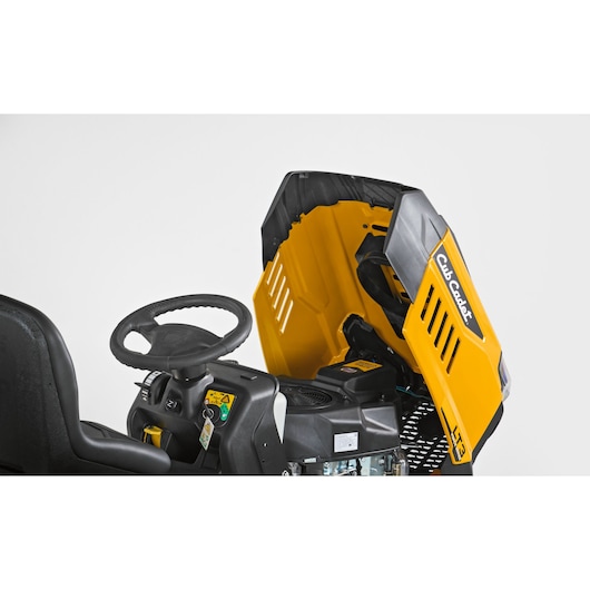 CubCadet 13AY78BS603 LT3-PS107 lawn tractor side view, yellow hood open, steering wheel visible.