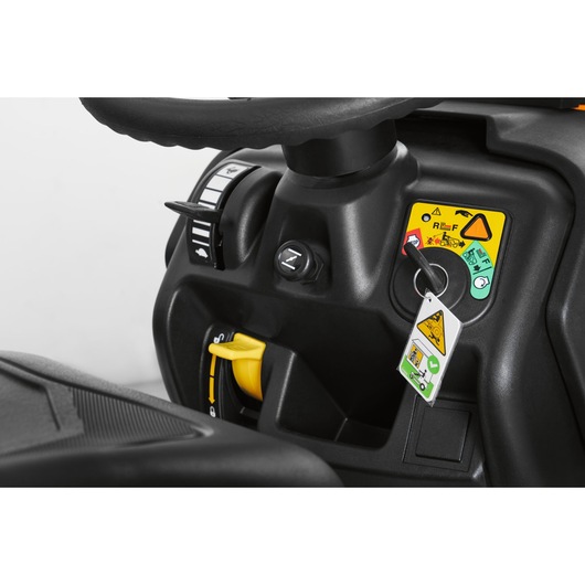 CubCadet LT3-PS107 control panel close-up with steering wheel, ignition key, and lever visible, SKU 13AY78BS603.